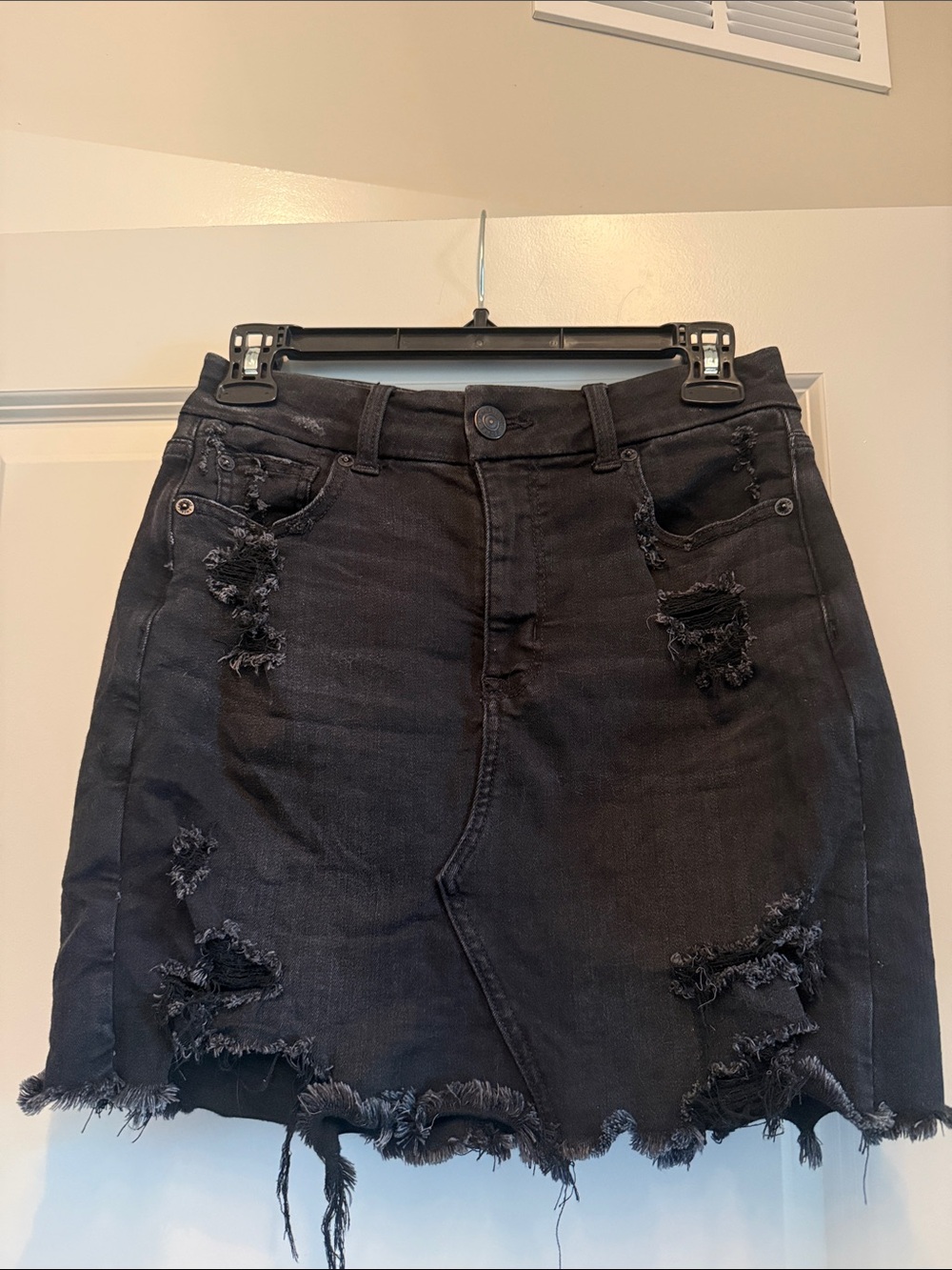 Black Distressed Denim Mini Skirt
